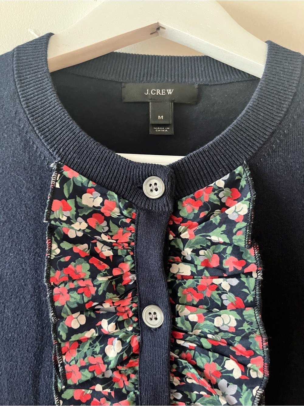 J.Crew | Cardigan with Floral Ruffle Trim | Navy | Size M - Picture 3 of 5